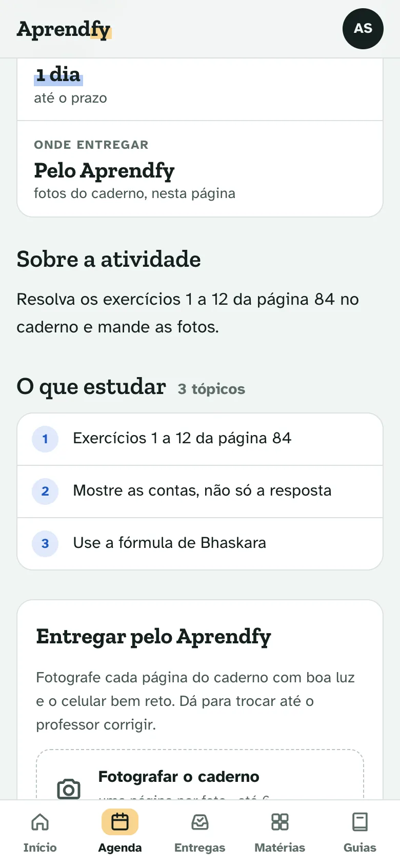 Tela de entrega com foto do caderno