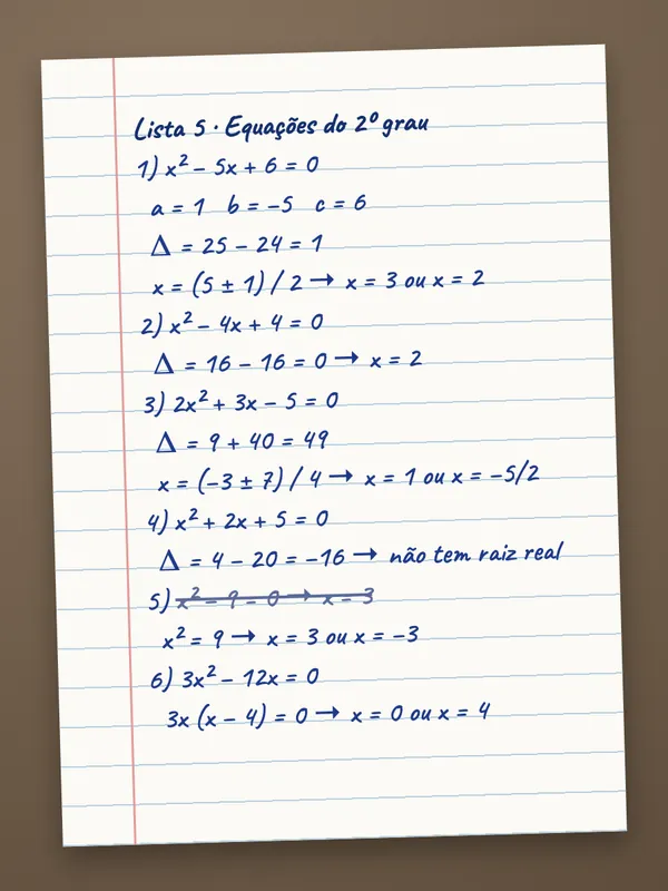 Foto do caderno com a lista de equações do 2º grau