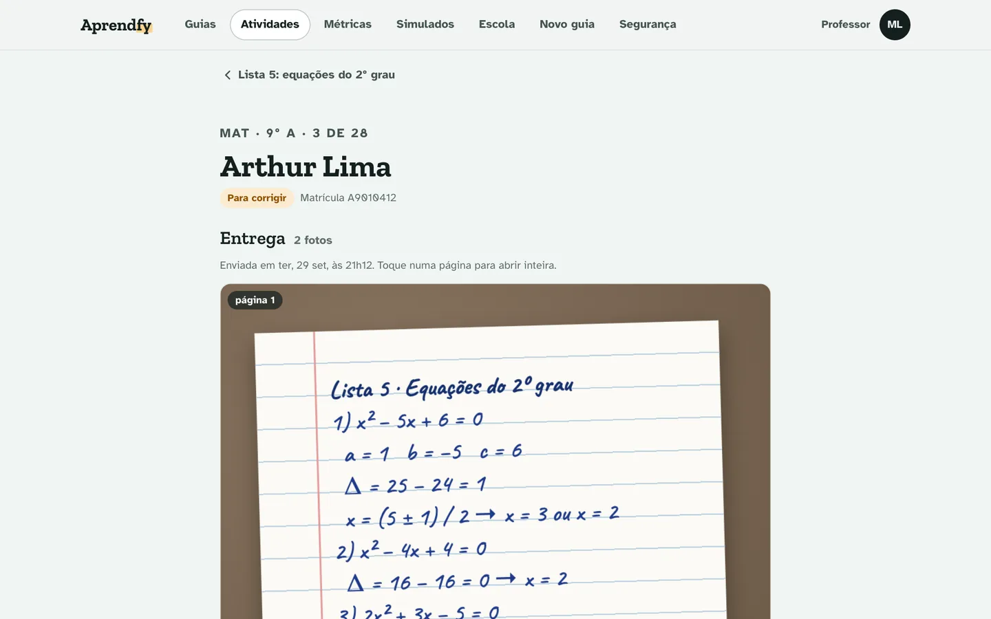 Correção de uma entrega com a foto do caderno