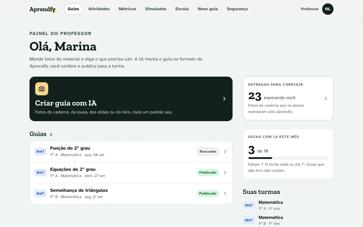 Painel do professor com guias e entregas para corrigir